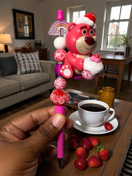 Accessories - Hand-crafted 3D  Pink Bear holding Strawberry ..Beaded Pen